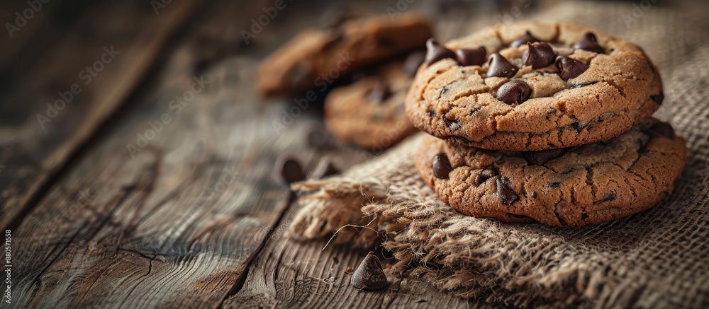 Aufkleber A studio shot captures homemade chocolate chip cookies on a rustic wooden table with a vintage style enhancing the bright image featuring biscuits and a rustic background with copy space image