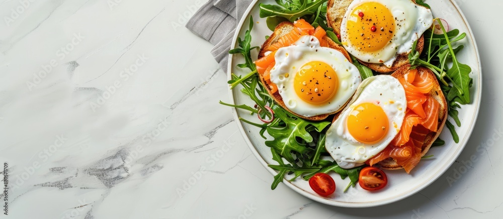 Poster Top down view of a nutritious breakfast spread featuring fried eggs salmon sandwiches and a fresh salad on a plate with empty space for adding text or graphics. copy space available