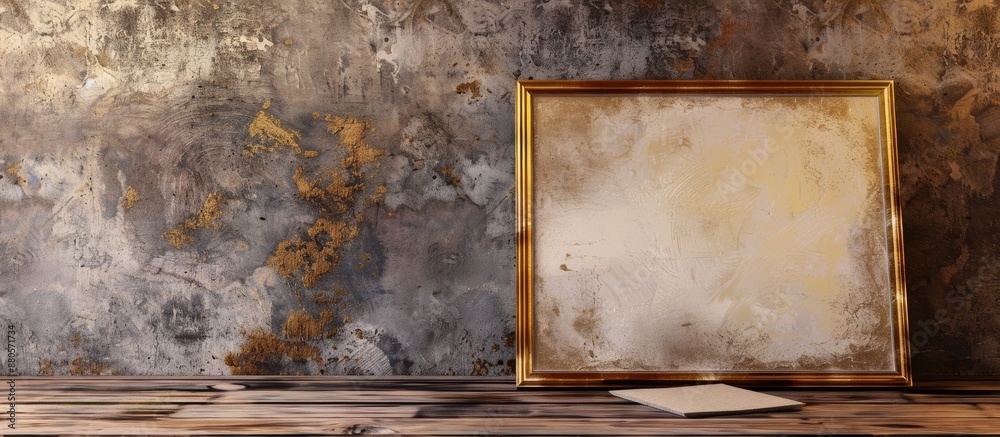 Poster Abstract textured beige and gold framed painting on a wooden wall with an empty card for copy space image Background is a neutral grunge horizontal design