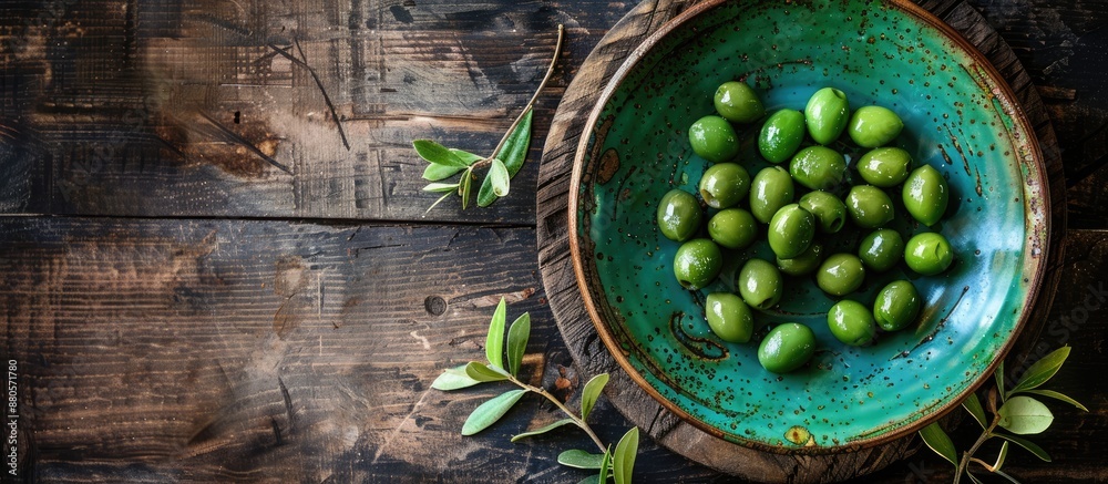 Poster Top view of a ceramic plate with green olives on a rustic wooden table with ample copy space image