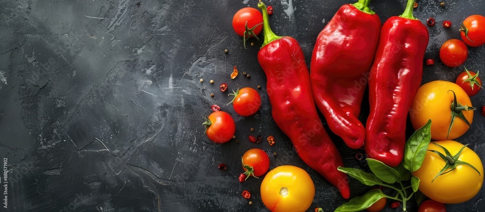 Poster red chili shaped bell peppers and small yellow and red tomatoes on a dark background with copy space