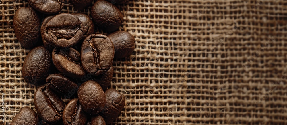 Aufkleber Close up flat lay of coffee beans resting on a rustic jute sack with ample copy space in the image