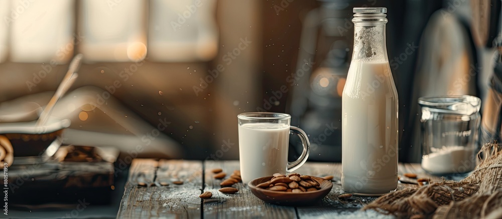 Aufkleber there is a bottle and glass of delicious almond milk on the table with copy space image
