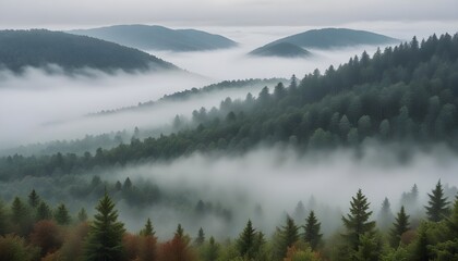 Fototapeta premium Beautiful view offer a foggy forest from top of hill