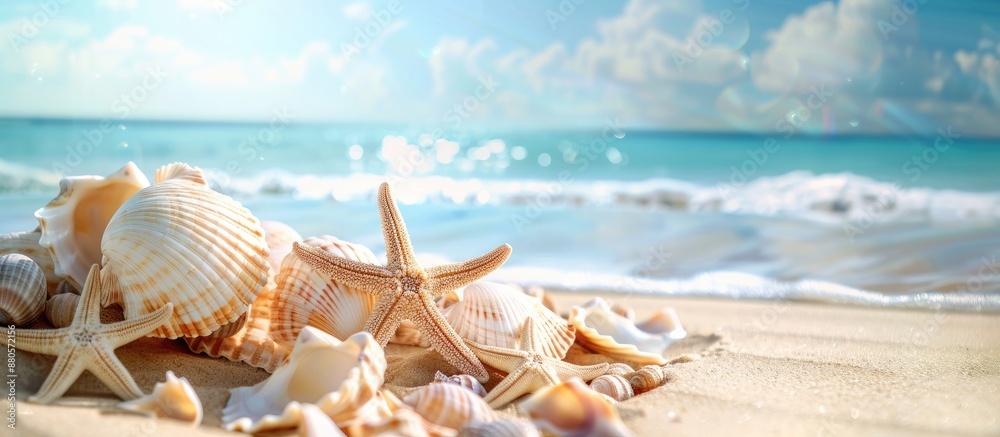 Poster tranquil beach scene with seashells starfish on sandy ocean backdrop ideal for summer sale with copy