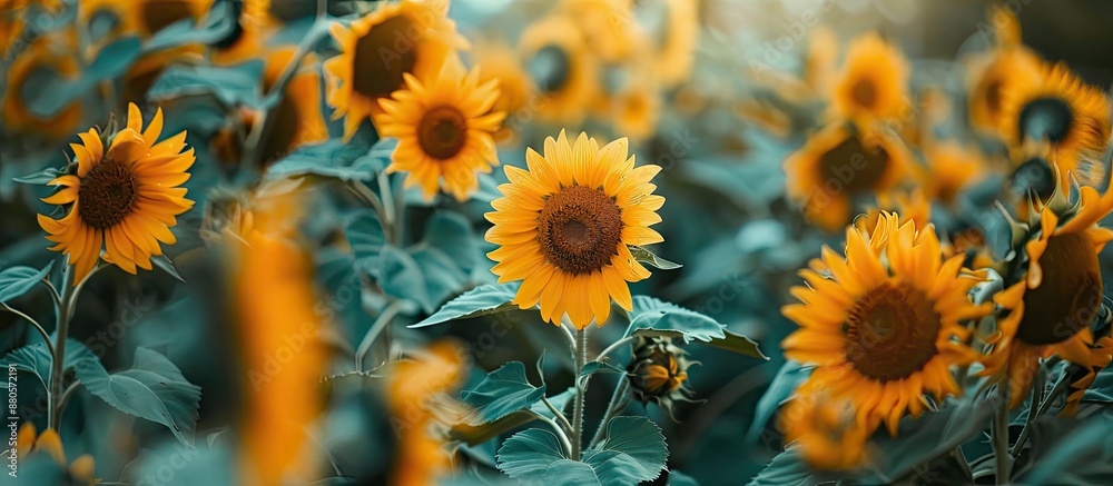 Poster Sunflowers displayed against a lush garden backdrop creating a serene copy space image
