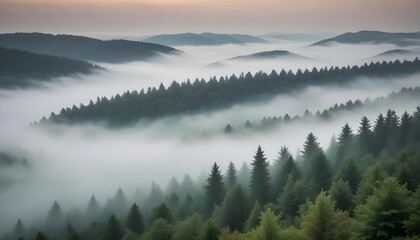 Fototapeta premium Beautiful view offer a foggy forest from top of hill