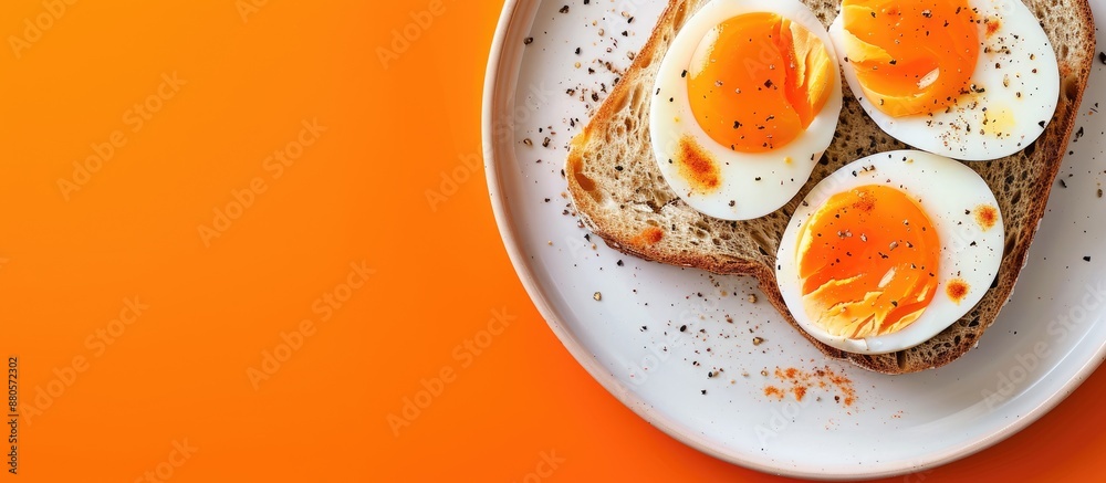 Poster Plate of toast with boiled eggs on an orange backdrop in a copy space image