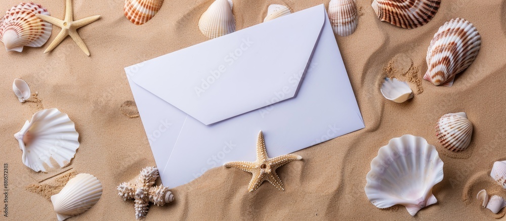 Poster Seashells on sandy beach background with white envelope for text on copy space image
