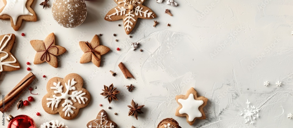 Poster Christmas cookies and decorations displayed on a light grey table in a flat lay format with available copy space image