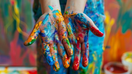 Obraz premium Hands covered in paint, one in blue and one in yellow