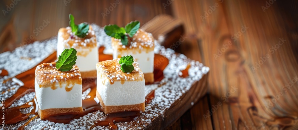 Poster Copy space image of a vanilla marshmallow dessert with caramel placed on a wooden table with selective focus