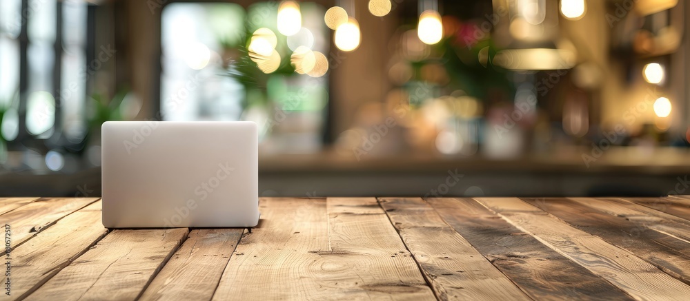 Aufkleber Wooden table with laptop set against abstract blurred background ideal for product display or montage with copy space image