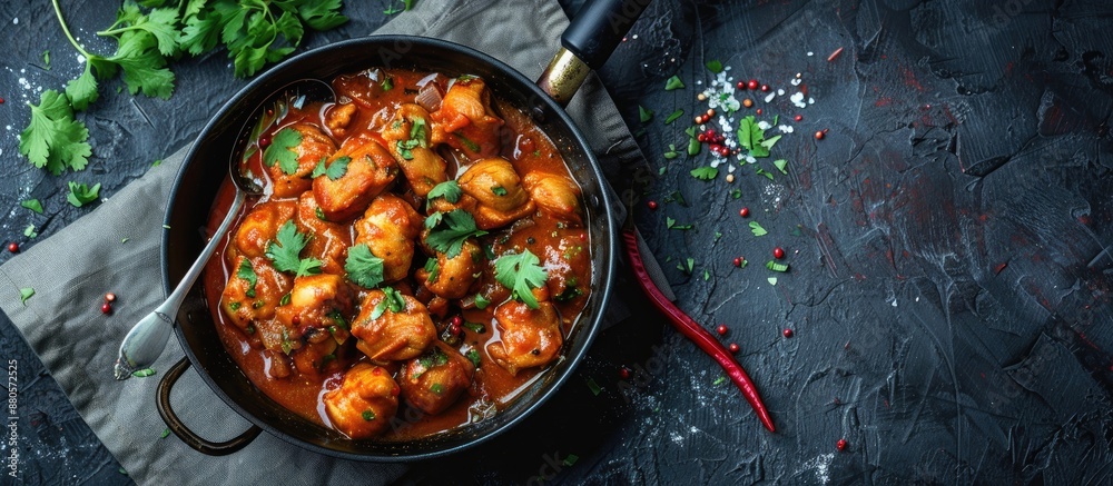 Poster Top view of a delectable chicken curry in a frying pan with a spoon set on a grey table providing ample copy space image