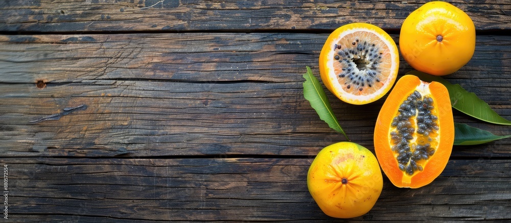 Aufkleber fresh granadilla and tamarind fruits on a wooden background top view with copy space image available