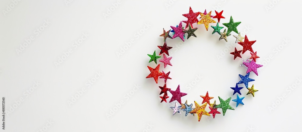 Poster Festive holiday layout with a colorful circular wreath of stars on a white backdrop perfect for a greeting card with copy space image