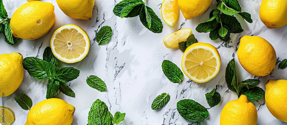 Poster from above view of fresh lemons and green mint leaves arranged on a marble background in a flat lay 