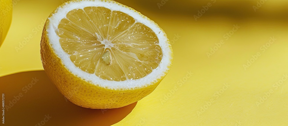 Poster close up of half a juicy lemon on a bright yellow backdrop with ample copy space image
