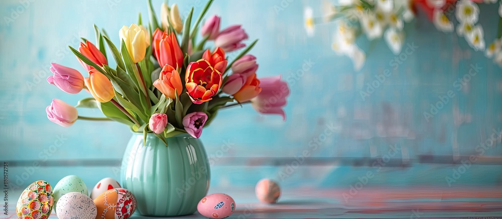 Poster Easter themed objects like tulips in a vase Easter eggs and a rabbit are visible in the copy space image