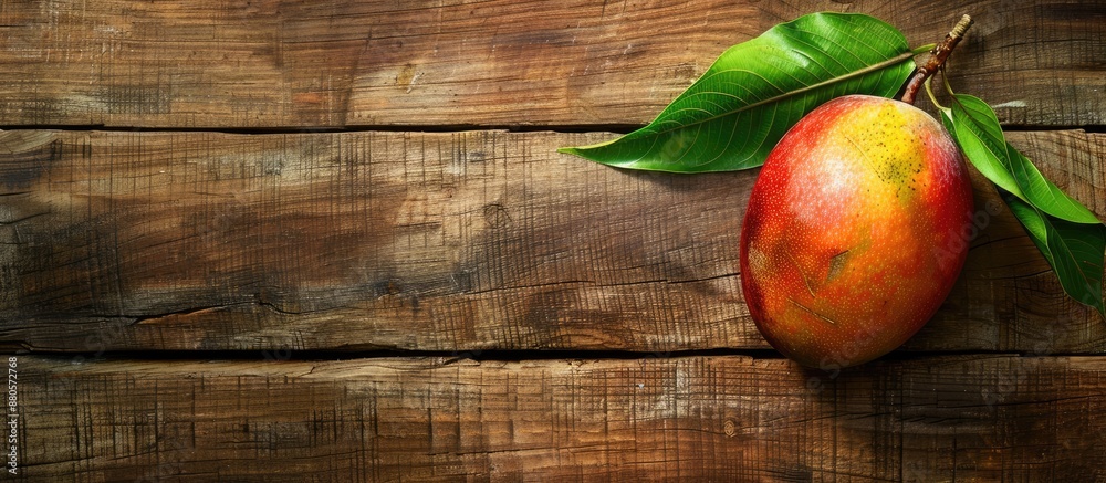 Poster delicious mango on wooden backdrop with copy space image