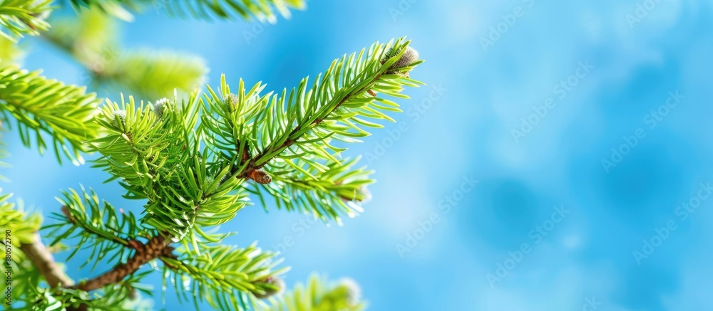 Poster Spruce branches with fresh new shoots in spring against a blue sky backdrop Young green spruce shoots in spring on a blue copy space image