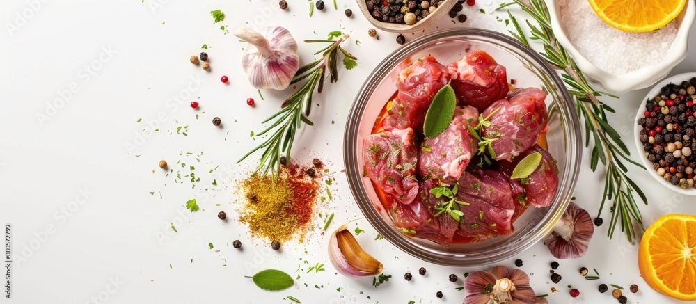 Poster copy space image of a clear pot filled with raw meat surrounded by spices and herbs on a white backd