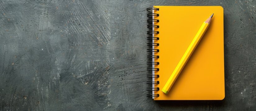 Gray background enhances the yellow notepad and pencil creating a visually appealing copy space image