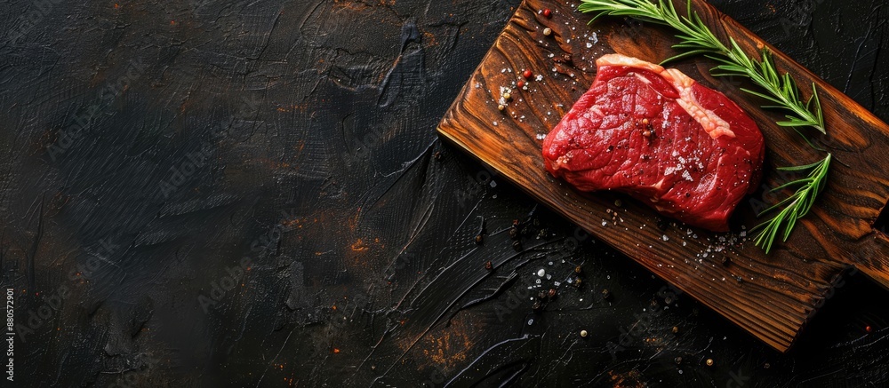 Poster Raw beef steak on a wooden cutting board with copy space image is displayed