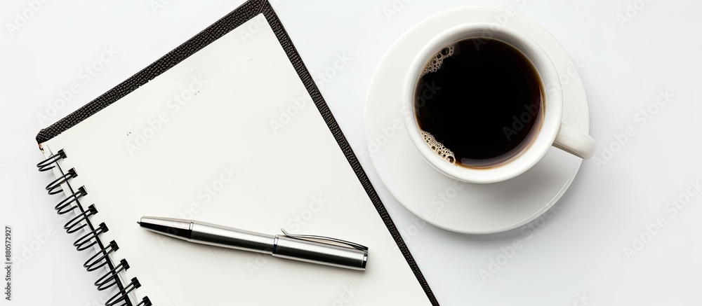 Fototapete creative flatlay composition featuring a blank notepad pen and a coffee cup set against a white back