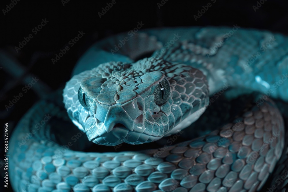 Poster a close-up shot of a blue snake's head, with sharp details and texture