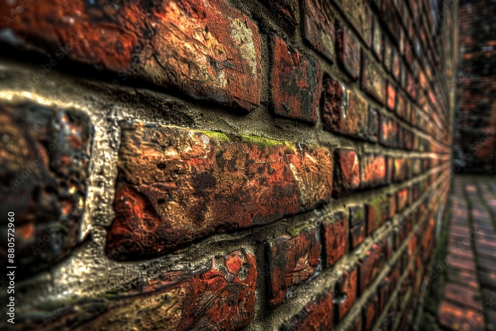 Poster a close-up image of a red brick wall with textured and worn appearance