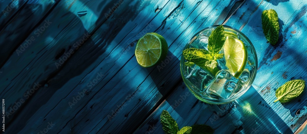 Poster cocktail glass with an iced drink garnished with mint and lime on blue wooden surface against black 
