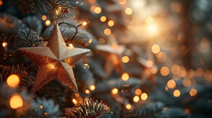 Golden glitter star hangs on a christmas tree with sparkling lights, creating a warm and festive ambiance. Perfect for holiday backgrounds and greeting cards