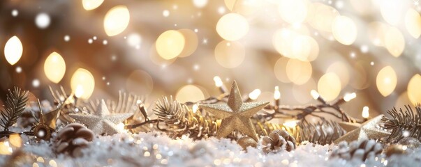 Fototapeta premium Sparkling golden christmas stars on snow with lights and branches. Festive and cozy, perfect for cards, banners, or headers. Embrace the holiday spirit with this magical image