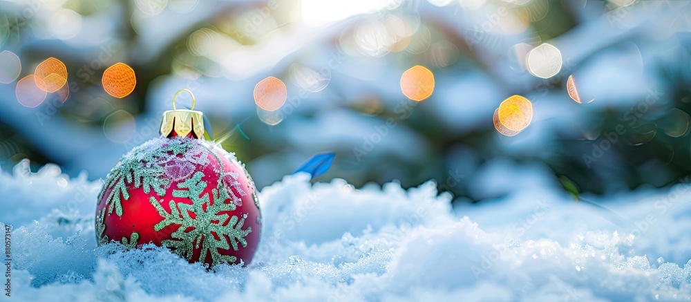 Poster An ornamented Christmas tree bauble in the snow with a blank space for adding an image. copy space available