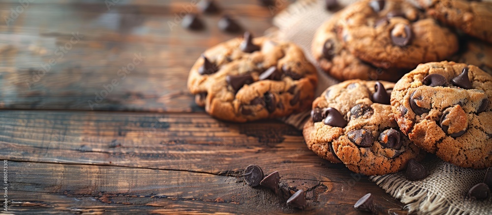 Poster Homemade chocolate chip cookies on a wooden table creating a rustic atmosphere for this delicious photo with copy space image