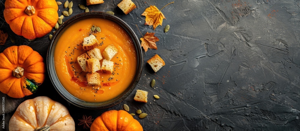 Poster top view of pumpkin soup with croutons and seeds next to organic pumpkins with copy space image