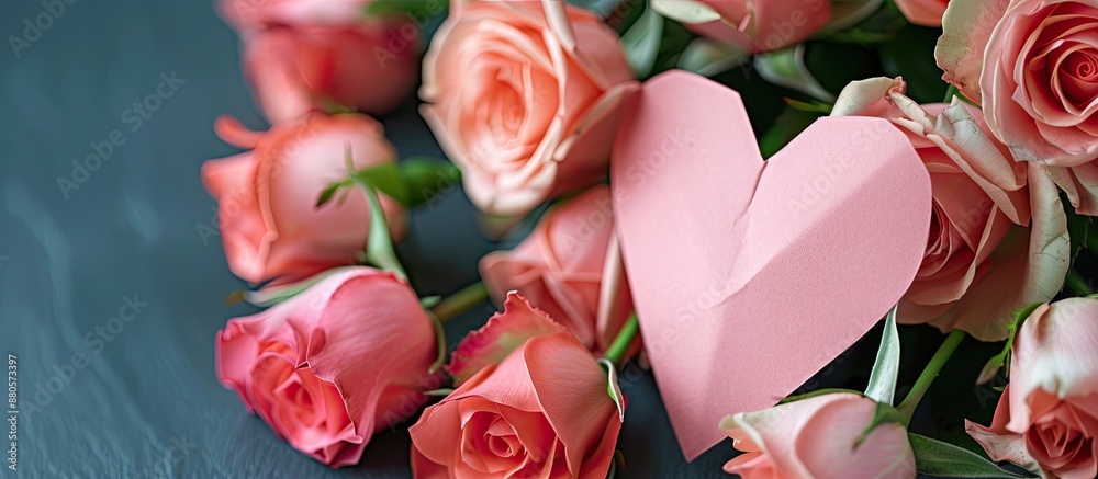 Poster a pink paper heart is nestled in a bunch of lovely roses creating a charming display that could be u