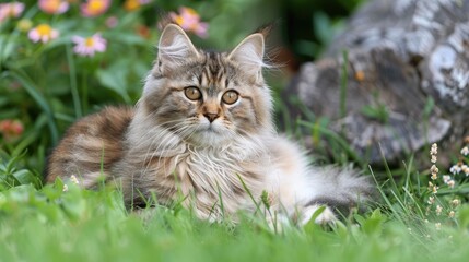 Siberian cat bred as hypoallergenic pet in garden purebred long haired kitten