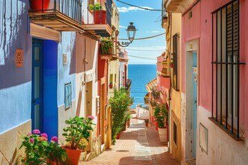 Fototapeta premium Colorful villajoyosa houses in coastal town near mediterranean sea, valencian community, spain