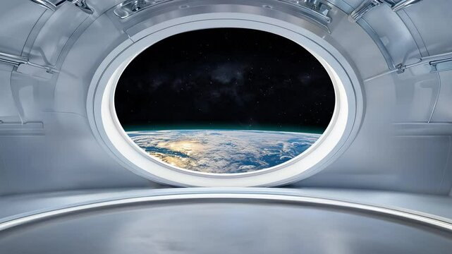 l'int&eacute;rieur d'une station spatiale pour pr&eacute;sentation de produit avec en arri&egrave;re-plan l'espace et la Terre