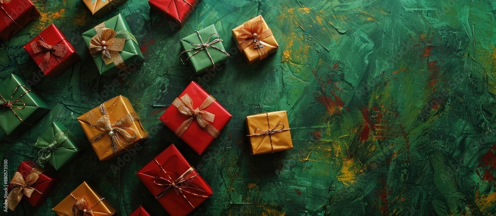 Poster gift boxes arranged elegantly on a textured green backdrop perfect for a copy space image