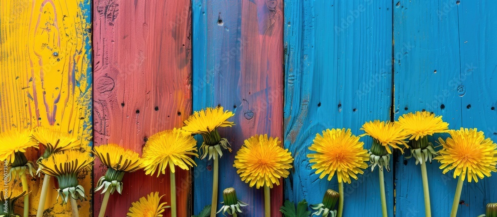 Poster Yellow dandelions displayed on a colorful wooden backdrop with copy space image available