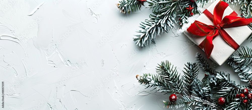 Poster vibrant christmas present with a festive atlas ribbon and tree branches on a white backdrop ideal fo