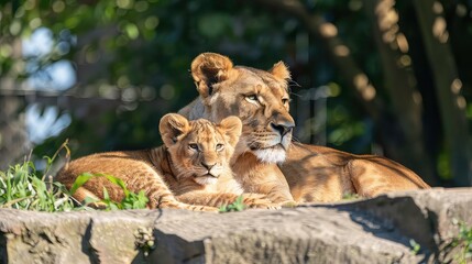 Fototapeta premium Lioness and young lion cub. Panthera leo. Wild animal outdoors in its natural habitat.