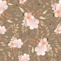 Boho flowers and leaves pattern seamless. Watercolor illustration of floral elements hand painted. Autumn dried plants in vintage colors on brown background