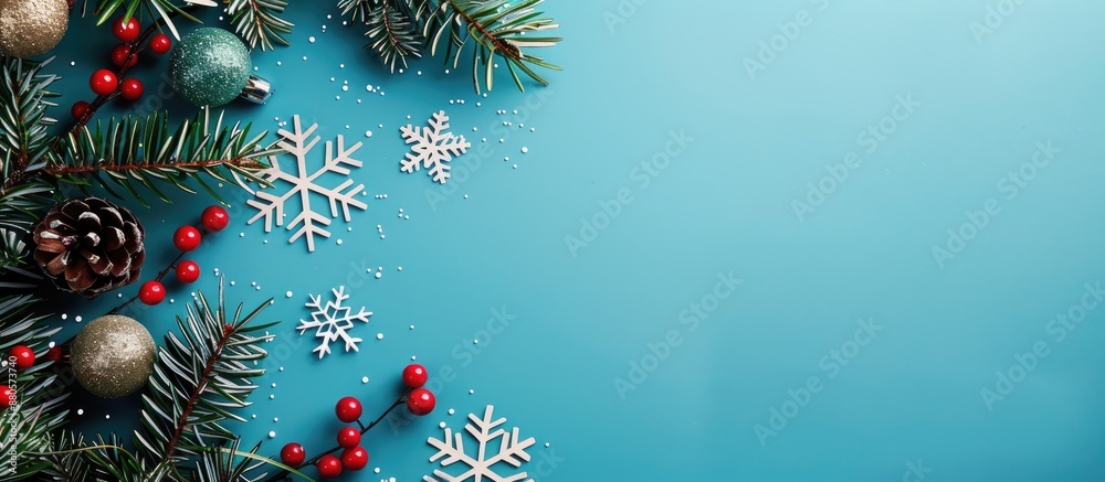 Aufkleber top down view of festive holiday flat lay with a christmas tree decorations snowflakes on a blue bac