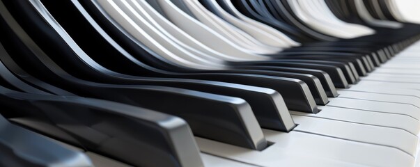 Captivating close-up of piano keys in flowing wave motion, ideal for music concepts and creative designs. Perfect for classical, jazz, blues, pop, rock themes