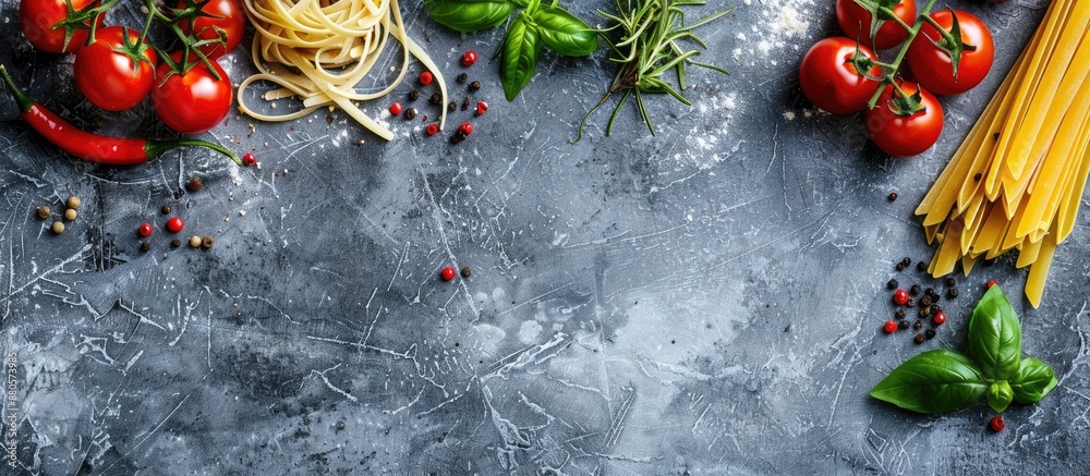 Poster dry pasta and ingredients including tomatoes basil pepper and rosemary arranged on a gray stone surf