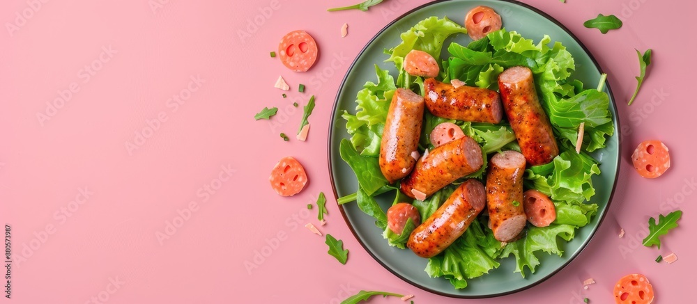 Poster plate of delicious boiled sausages with lettuce and cheese on a pink background with copy space imag